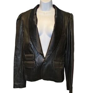 DDC LAB Womens Black‎ Perforated Lamb Skin Leather Jacket Sz L Shawl Collar